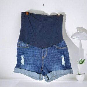 SONG Maternity Stylish Distressed Blue Denim Shorts Small